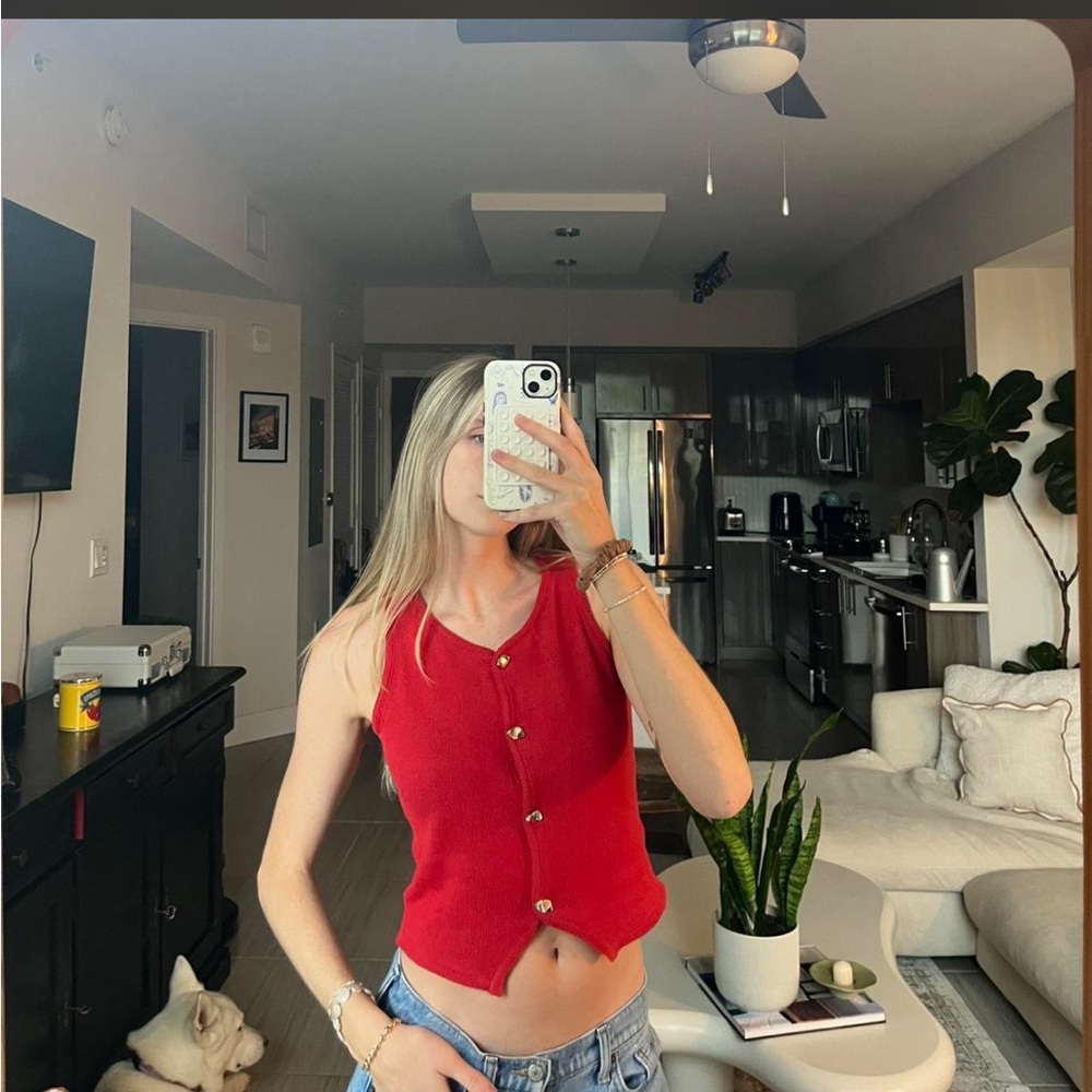 Red Sleeveless Button-Up Top